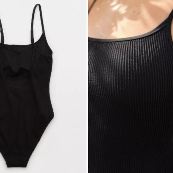 Aerie Black Crinkle Scoop Full Coverage One Piece Swimsuit Size M $55 - Picture 3 of 9